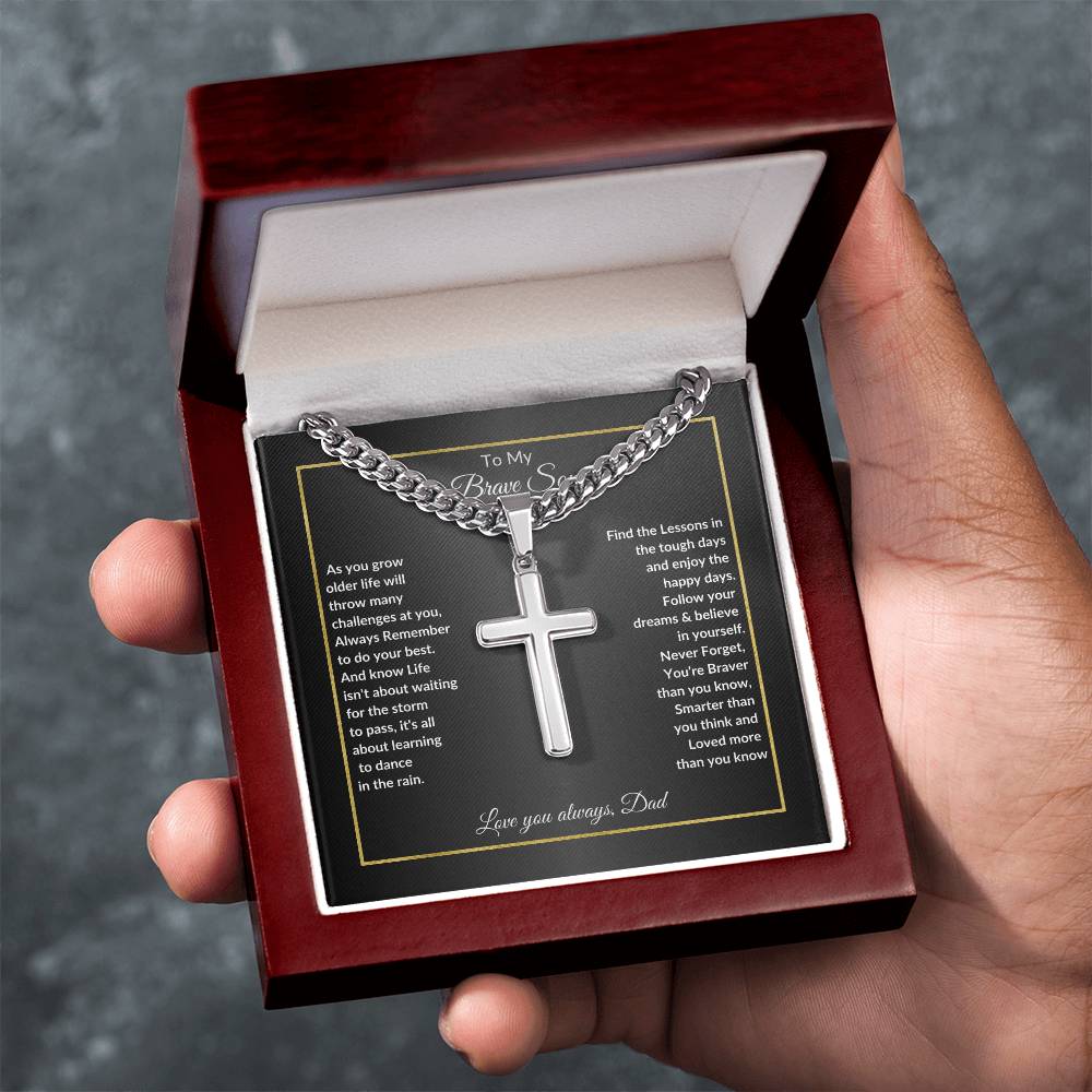 Brave Son Cross Necklace | Gift for Son Cross Necklace | Artisan Cross Necklace on Cuban link