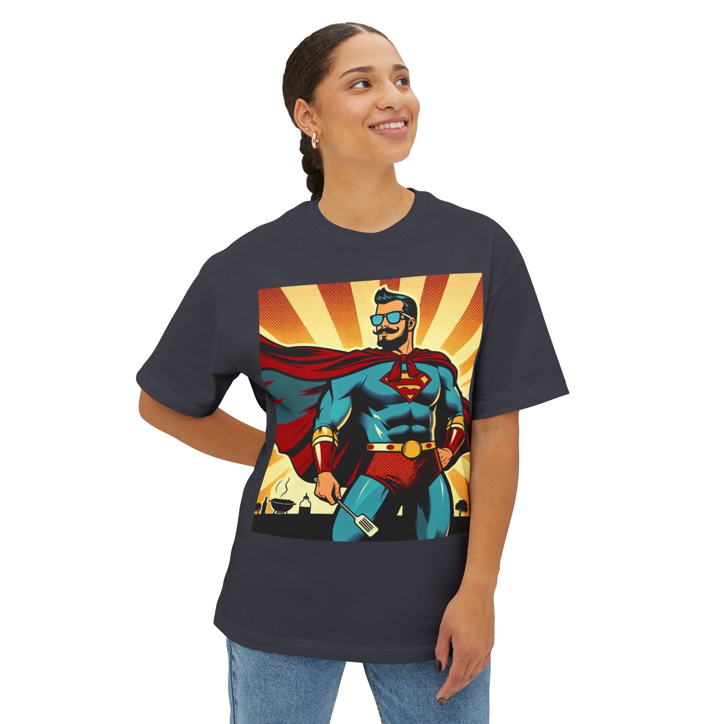 Dad Bod. Full Power Oversized Boxy Tee - Unisex Comic Graphic T-Shirt