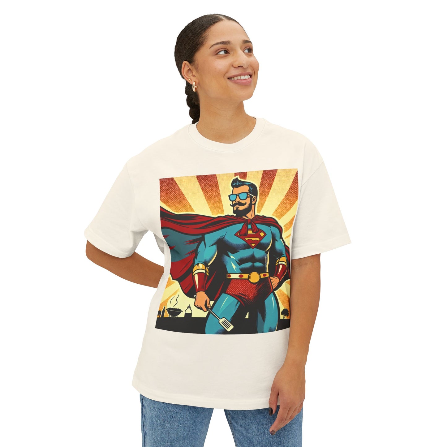 Dad Bod. Full Power Oversized Boxy Tee - Unisex Comic Graphic T-Shirt