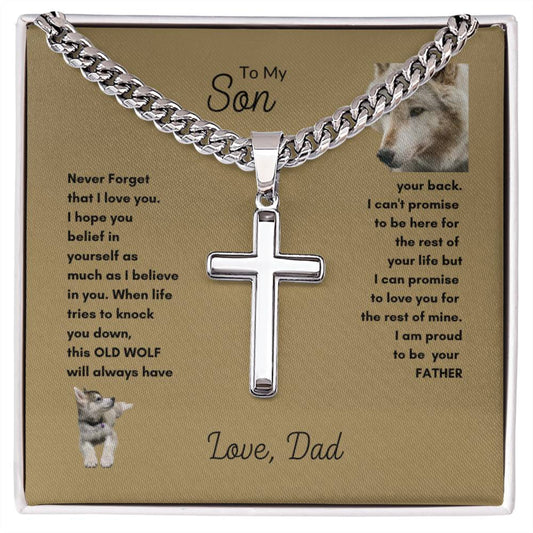 Proud Wolf Dad Cross Necklace | Proud Dad Gift for Son | Gift for Son | Artisan Cross Necklace on chain